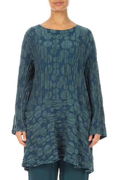 Flared Pockets Crinkled Deep Turquoise Circle Silk Linen Tunic