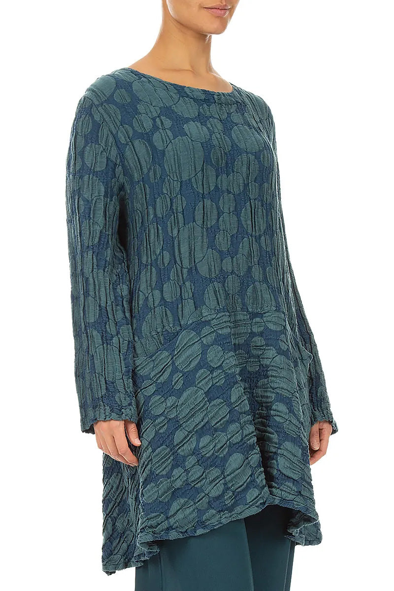 Flared Pockets Crinkled Deep Turquoise Circle Silk Linen Tunic