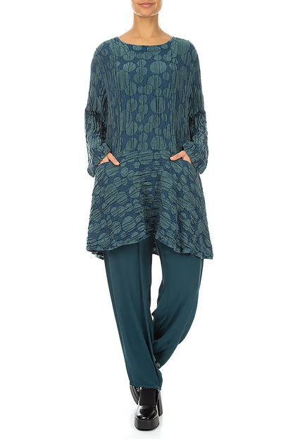 Flared Pockets Crinkled Deep Turquoise Circle Silk Linen Tunic