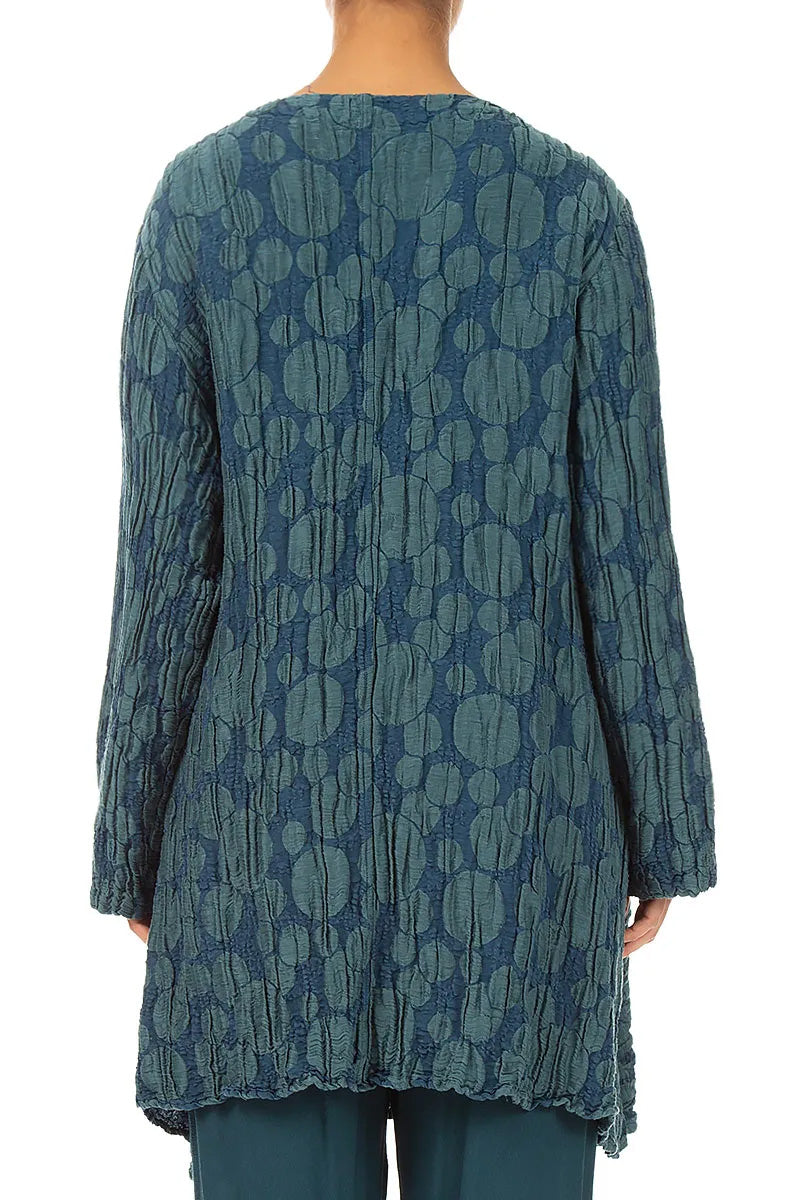 Flared Pockets Crinkled Deep Turquoise Circle Silk Linen Tunic