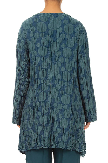 Flared Pockets Crinkled Deep Turquoise Circle Silk Linen Tunic