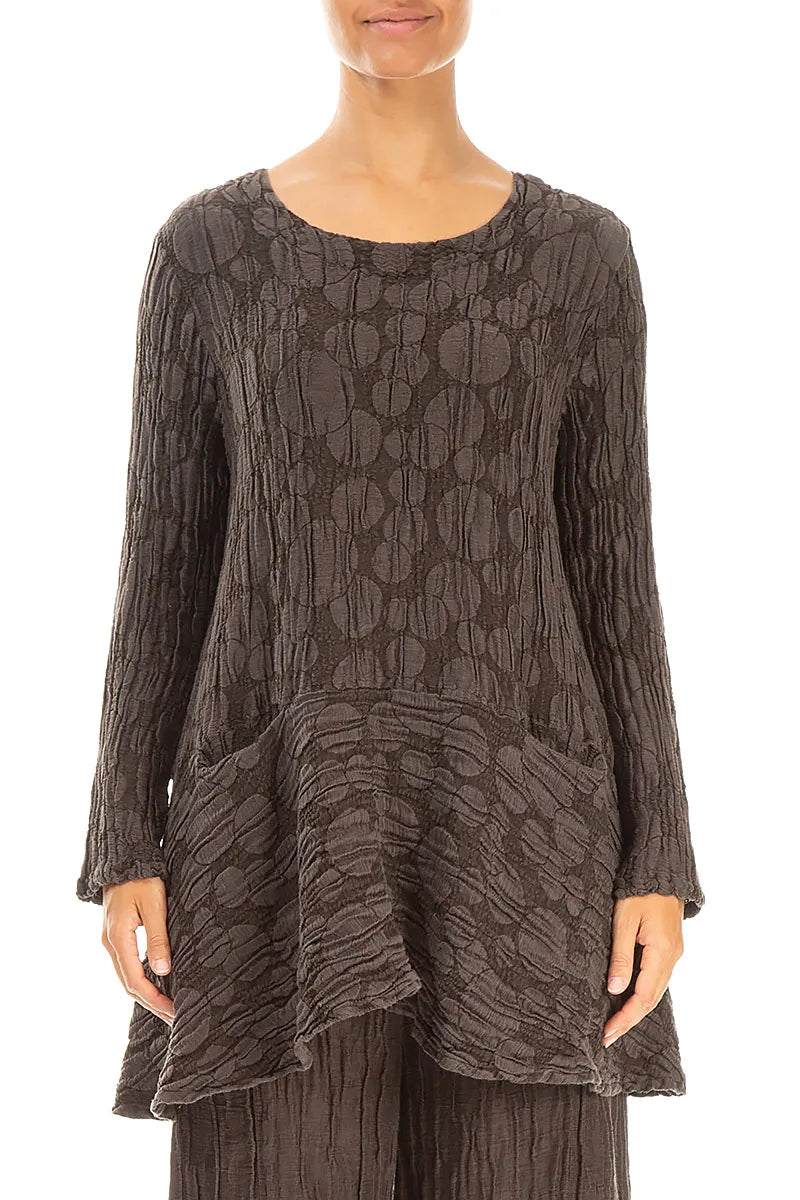 Flared Pockets Crinkled Forest Brown Circle Silk Linen Tunic 1
