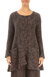 Flared Pockets Crinkled Forest Brown Circle Silk Linen Tunic 1