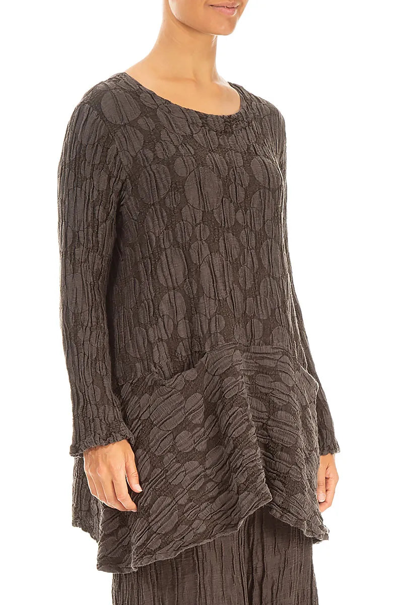 Flared Pockets Crinkled Forest Brown Circle Silk Linen Tunic 3
