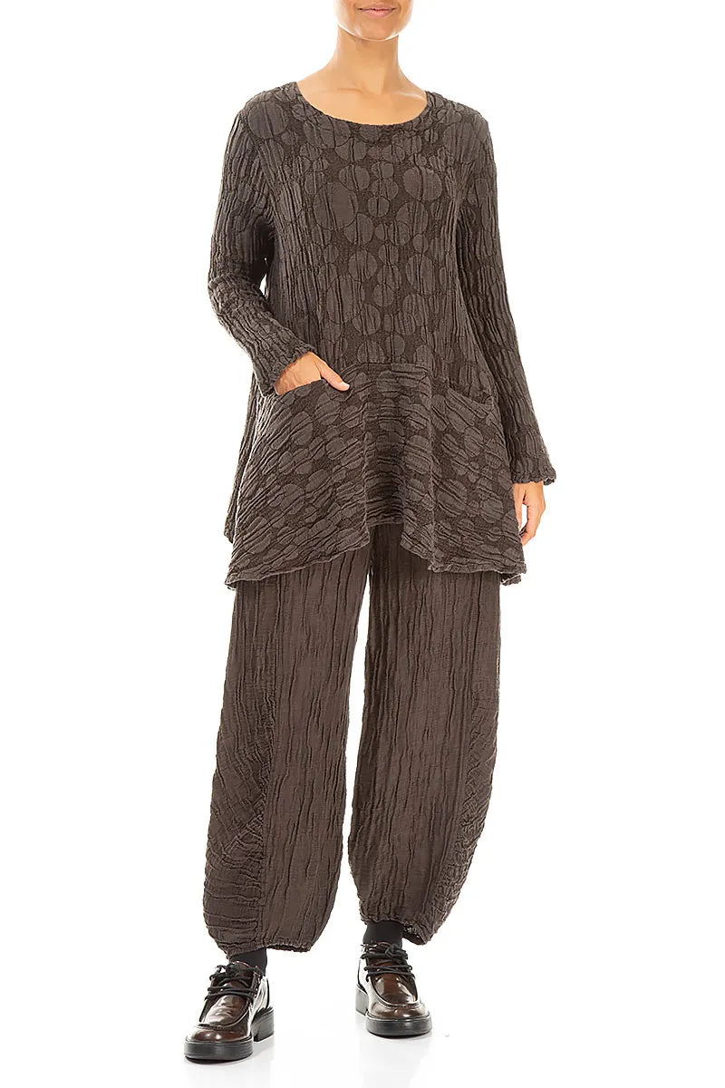 Flared Pockets Crinkled Forest Brown Circle Silk Linen Tunic 4