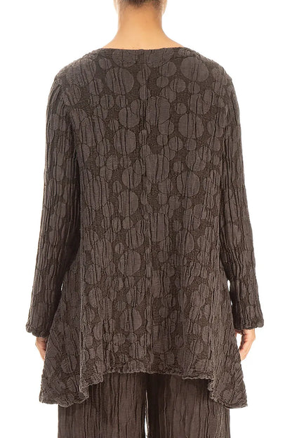 Flared Pockets Crinkled Forest Brown Circle Silk Linen Tunic 2