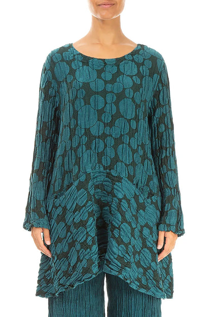 Flared Pockets Crinkled Peacock Circle Silk Linen Tunic 1