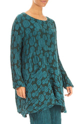 Flared Pockets Crinkled Peacock Circle Silk Linen Tunic 3