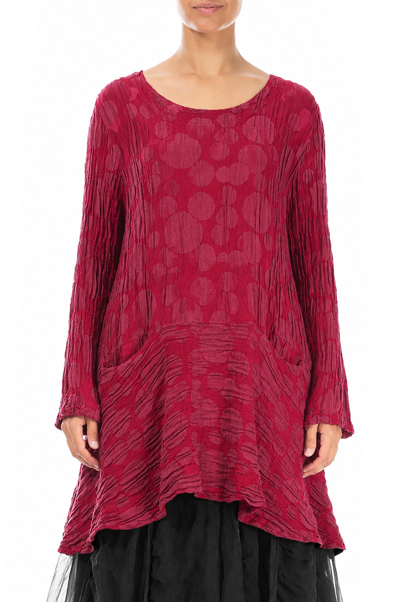 Flared Pockets Crinkled Ruby Circle Silk Linen Tunic