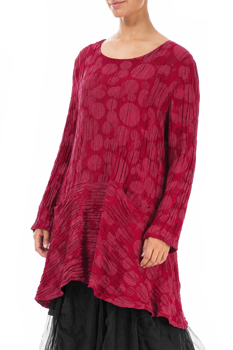 Flared Pockets Crinkled Ruby Circle Silk Linen Tunic