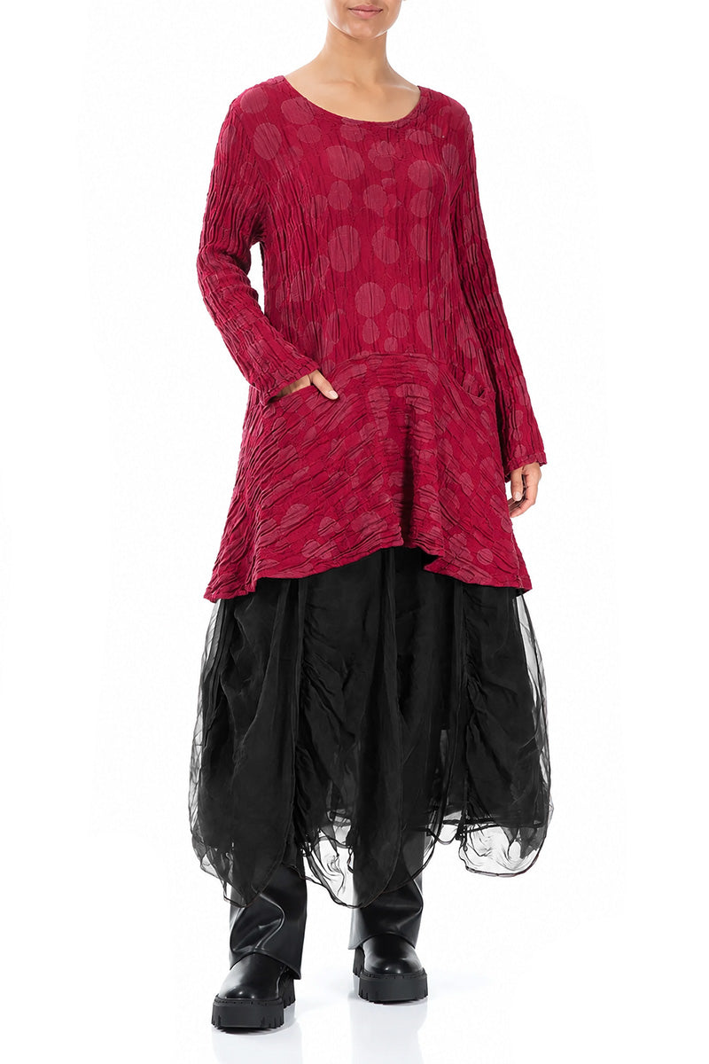 Flared Pockets Crinkled Ruby Circle Silk Linen Tunic