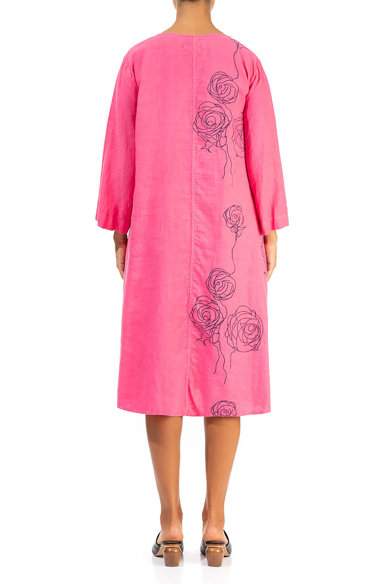 Flared Roses Hot Pink Linen Dress