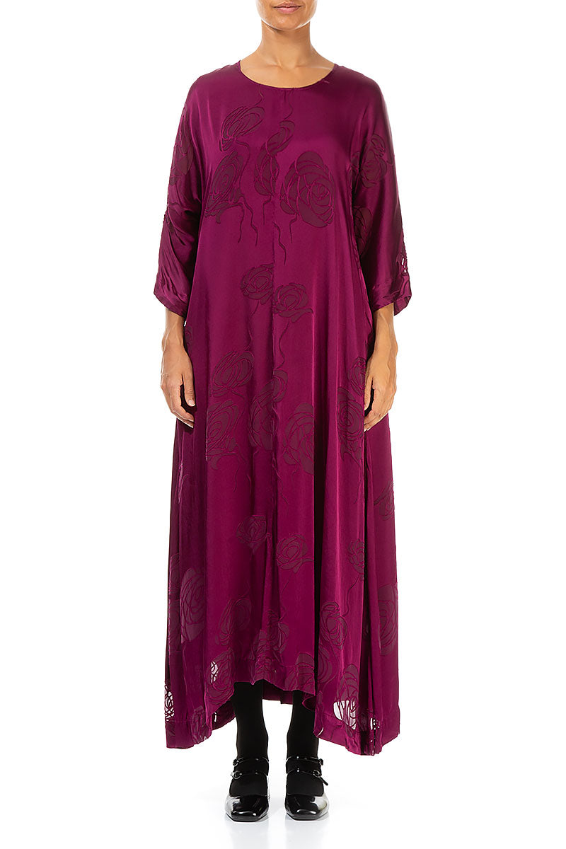 Flared Roses Magenta Silk Dress