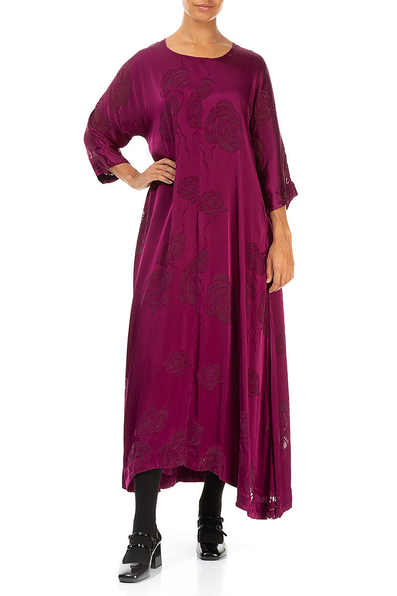 Flared Roses Magenta Silk Dress