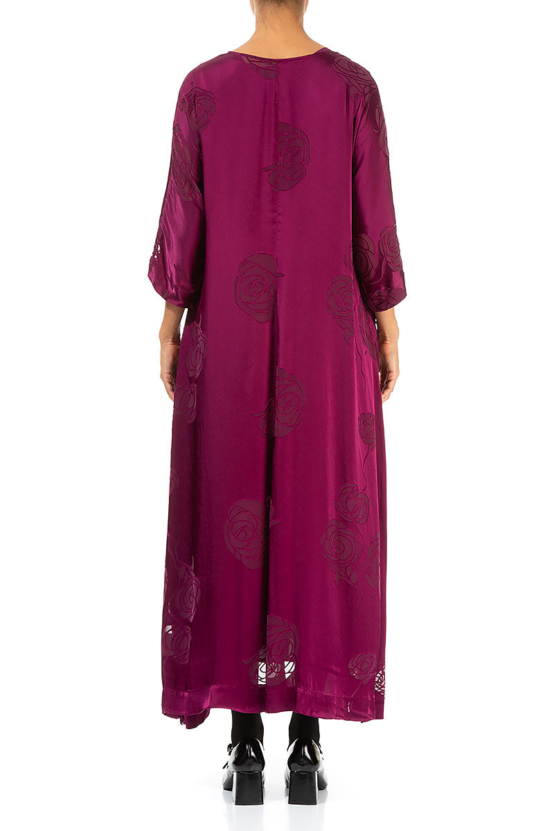 Flared Roses Magenta Silk Dress