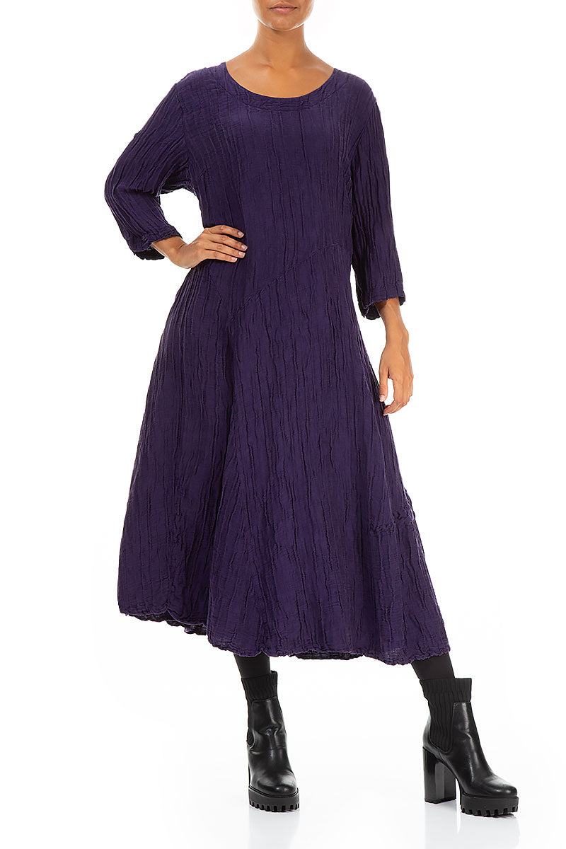 Flared Royal Purple Crinkled Silk Linen Dress 3