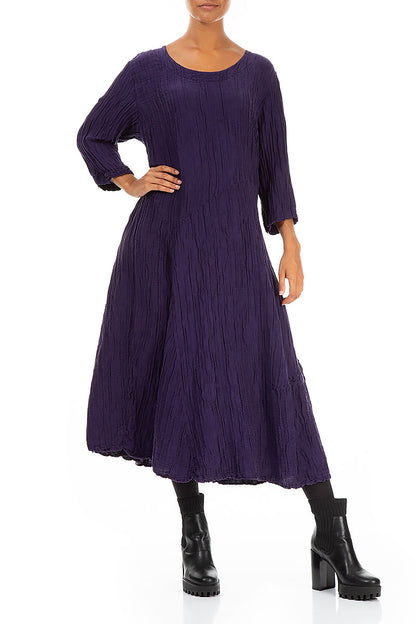 Flared Royal Purple Crinkled Silk Linen Dress 3