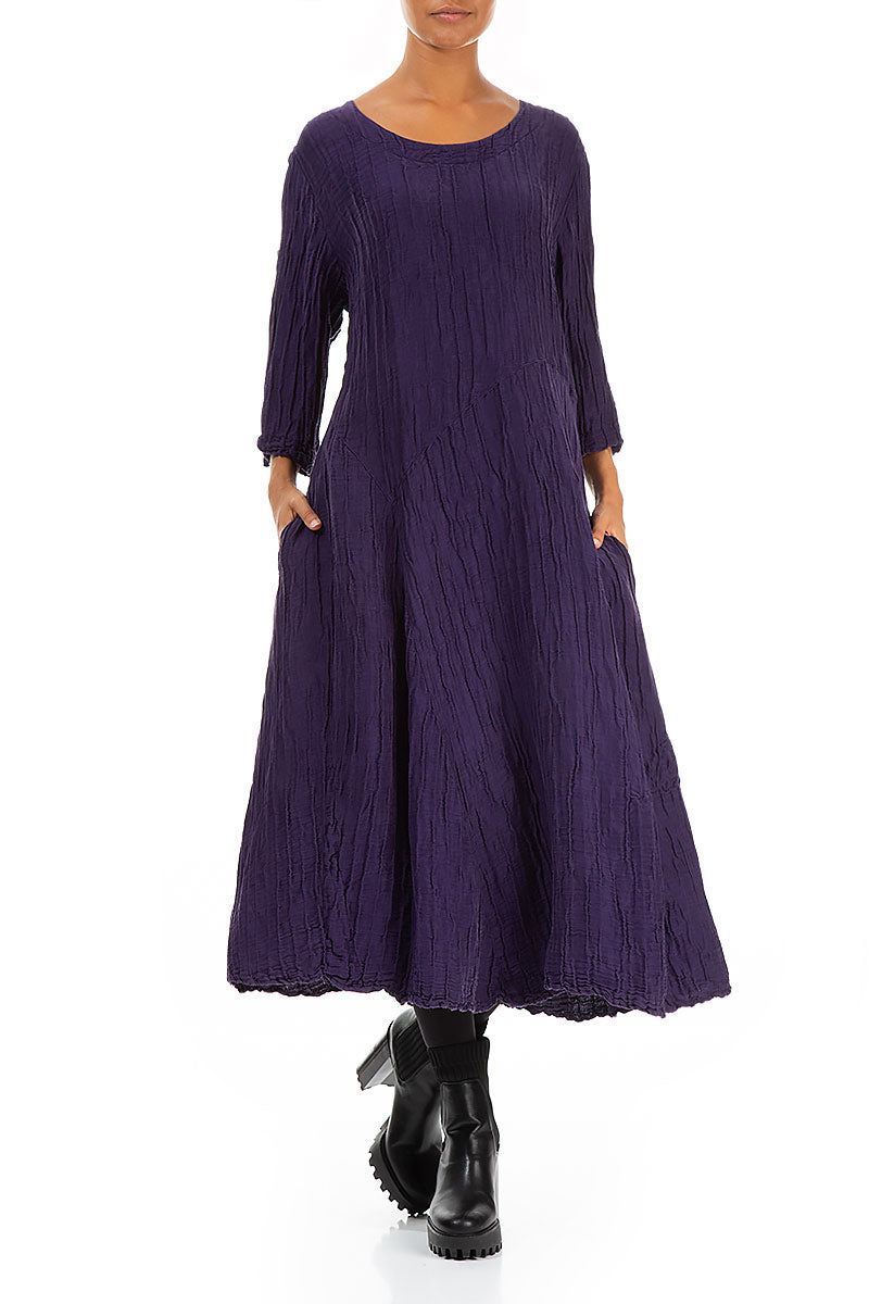 Flared Royal Purple Crinkled Silk Linen Dress