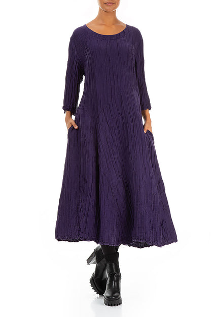 Flared Royal Purple Crinkled Silk Linen Dress 4