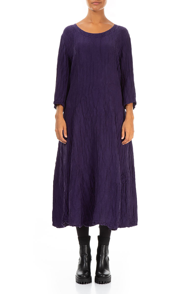 Flared Royal Purple Crinkled Silk Linen Dress 1