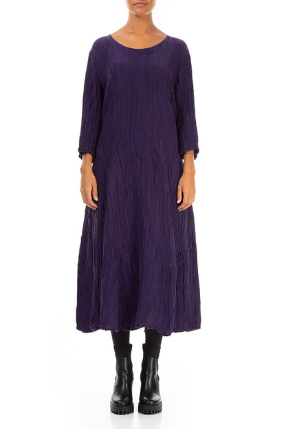Flared Royal Purple Crinkled Silk Linen Dress 1