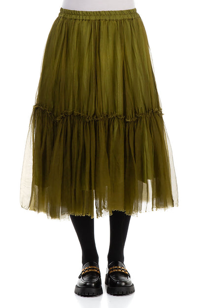 Flared Ruffle Golden Lime Silk Chiffon Midi Skirt