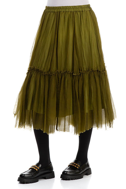 Flared Ruffle Golden Lime Silk Chiffon Midi Skirt