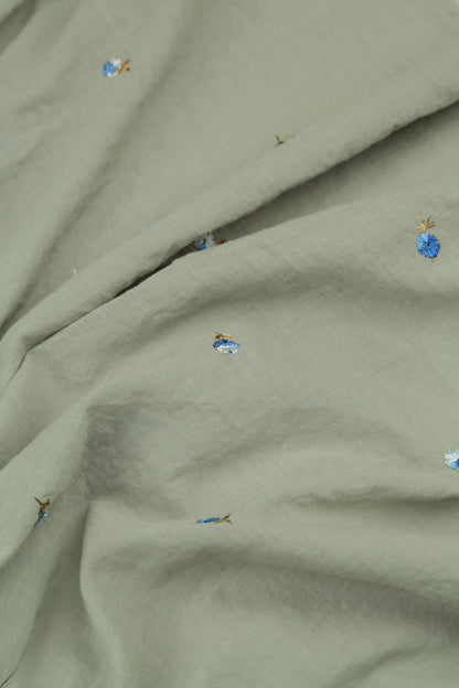 Flared Sage Embroidered Petals Cotton Shirt 5