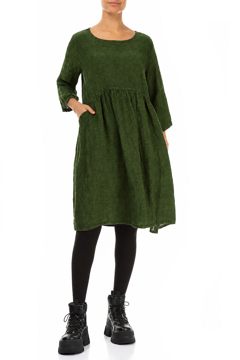 Flared Shamrock Green Mélange Linen Midi Dress 4