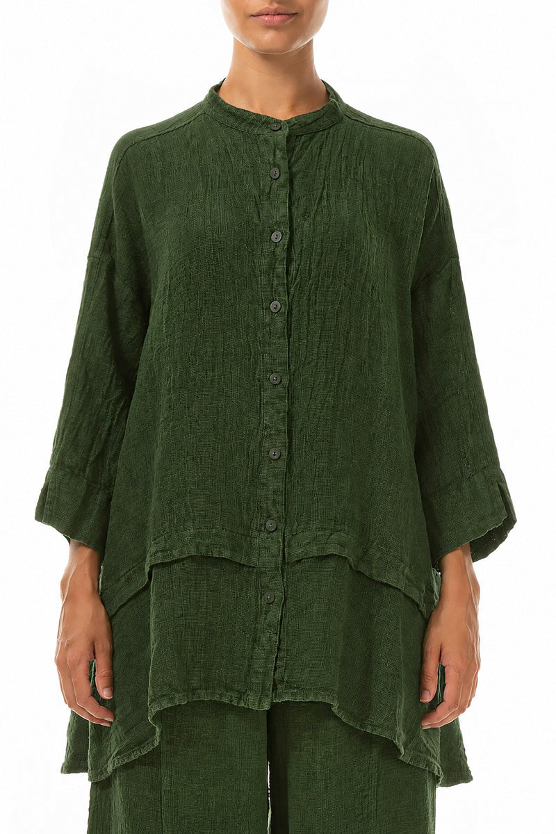 Flared Shamrock Green Mélange Linen Shirt