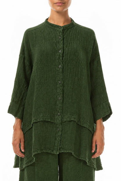 Flared Shamrock Green Mélange Linen Shirt