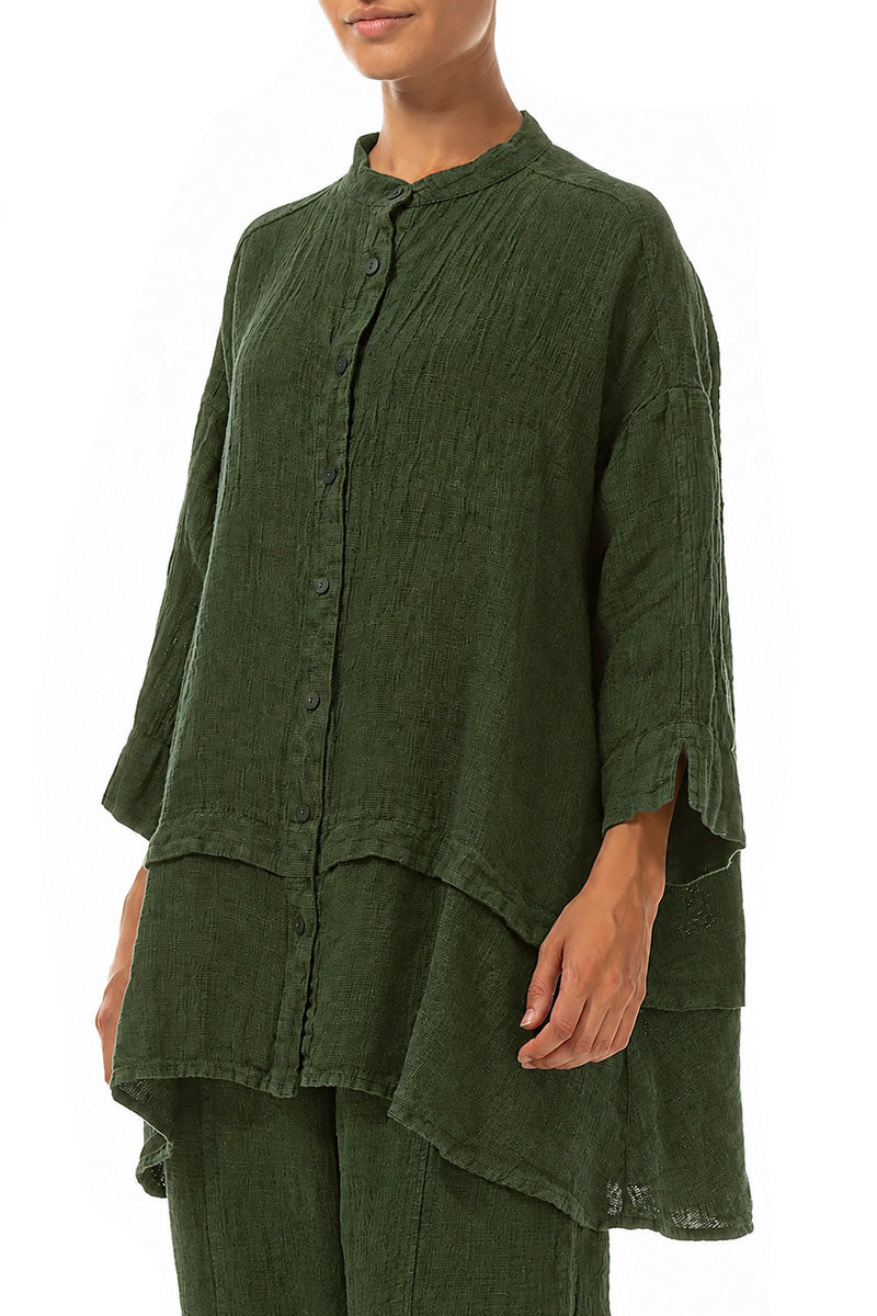 Flared Shamrock Green Mélange Linen Shirt 3