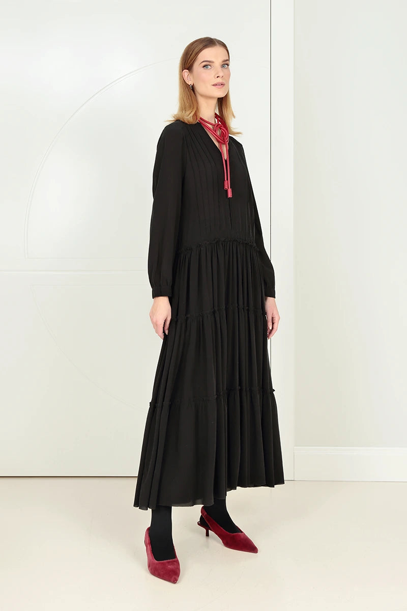 Flared Back Buttons Black Silk Dress 6