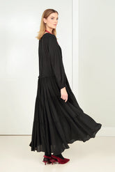 Flared Back Buttons Black Silk Dress 1