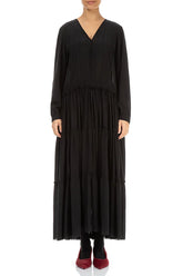 Flared Back Buttons Black Silk Dress 2