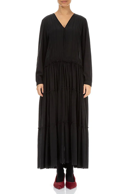 Flared Back Buttons Black Silk Dress 2