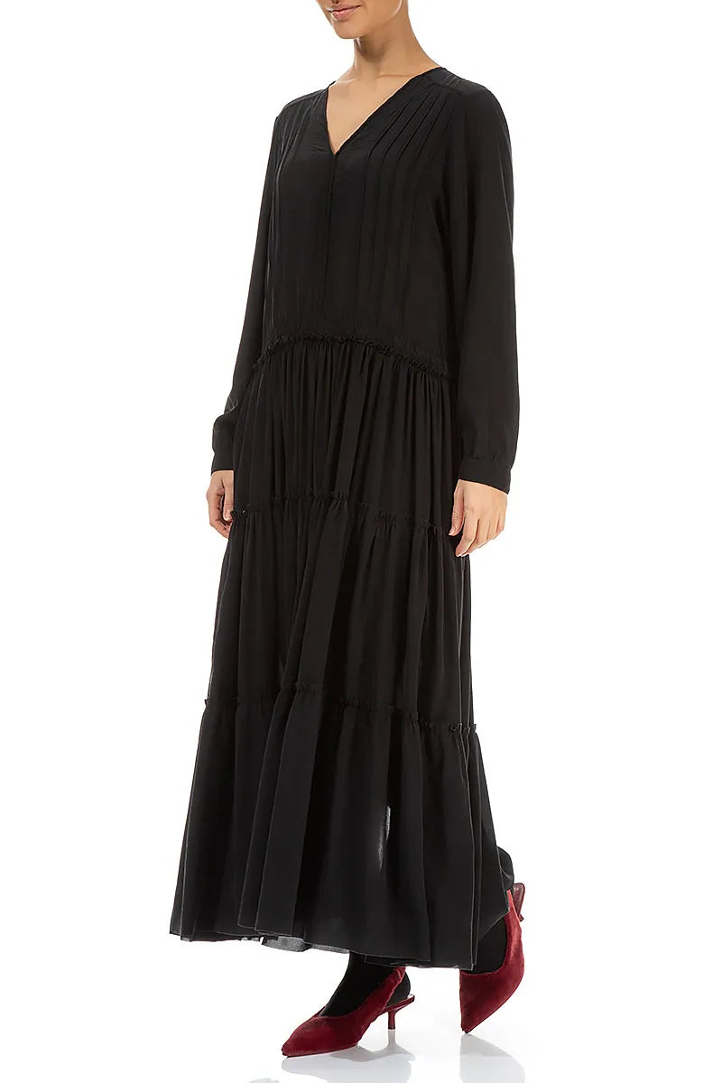 Flared Back Buttons Black Silk Dress 4