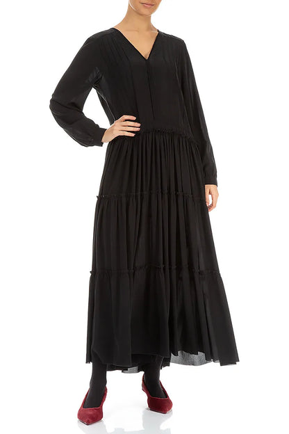 Flared Back Buttons Black Silk Dress 5