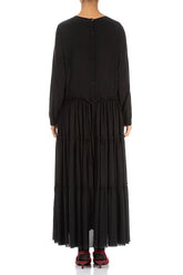 Flared Back Buttons Black Silk Dress 3