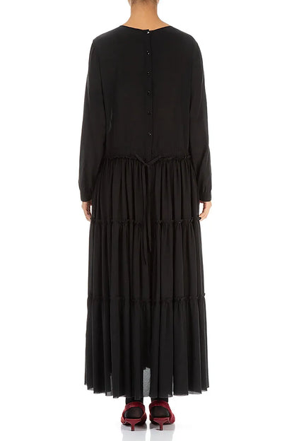 Flared Back Buttons Black Silk Dress 3