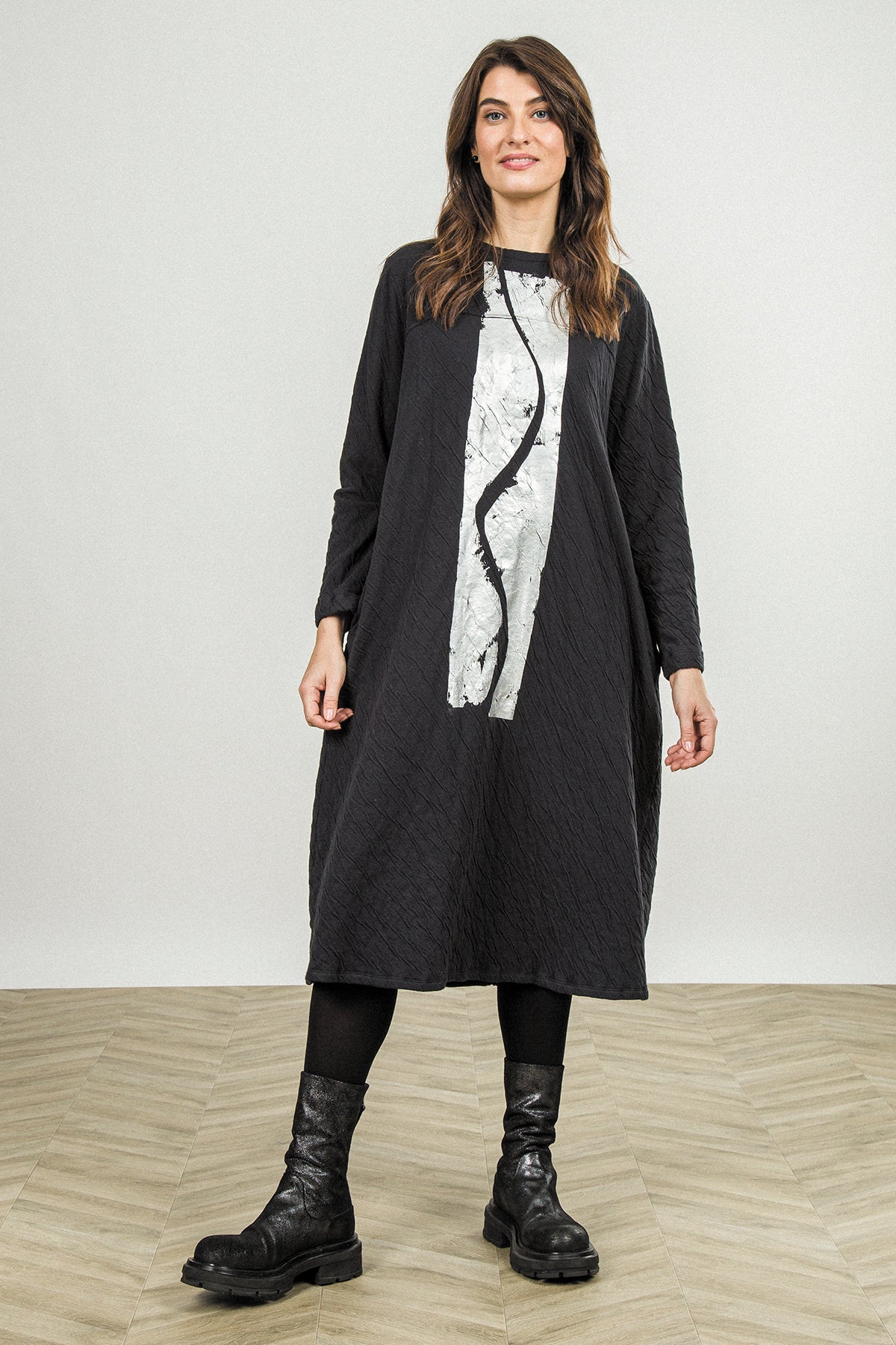 Flared Silver Metallic Grey Wavy Cotton Dress 1