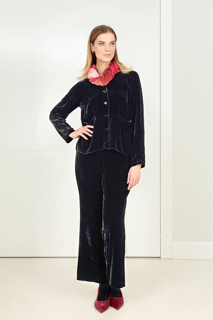 Flared Slate Blue Silk Velvet Trousers