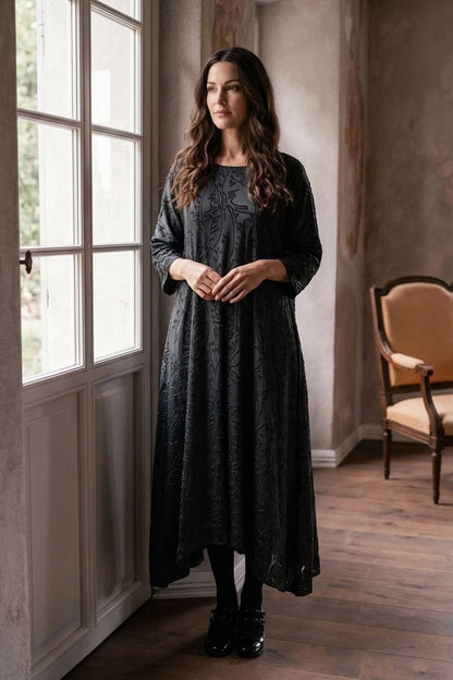 Flared Slate Devoré Feather Silk Dress 6