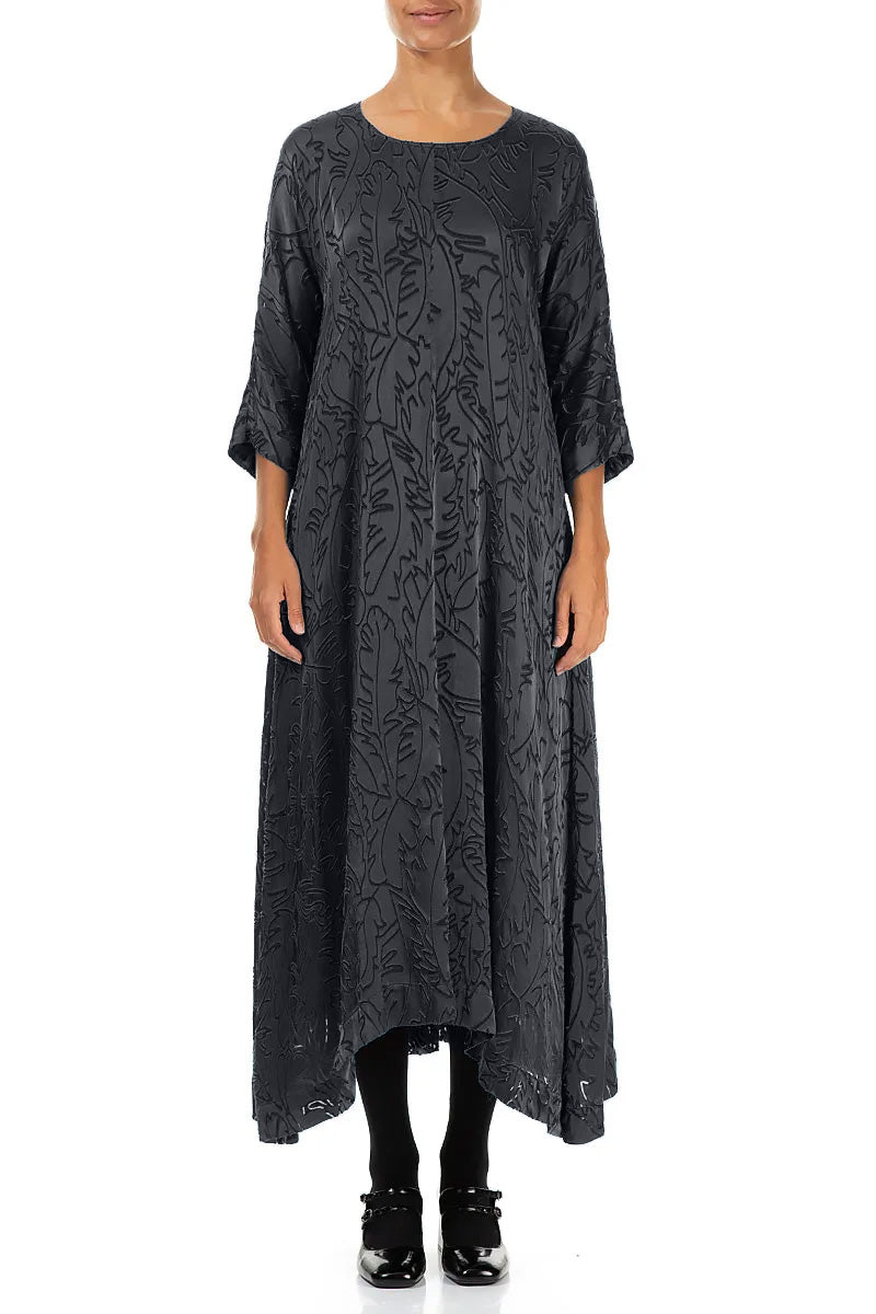 Flared Slate Devoré Feather Silk Dress 1