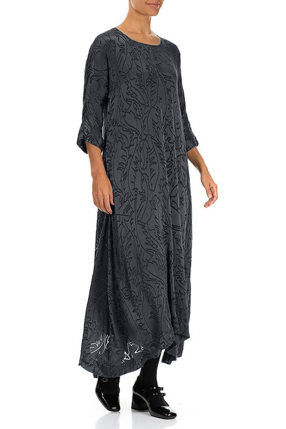 Flared Slate Devoré Feather Silk Dress