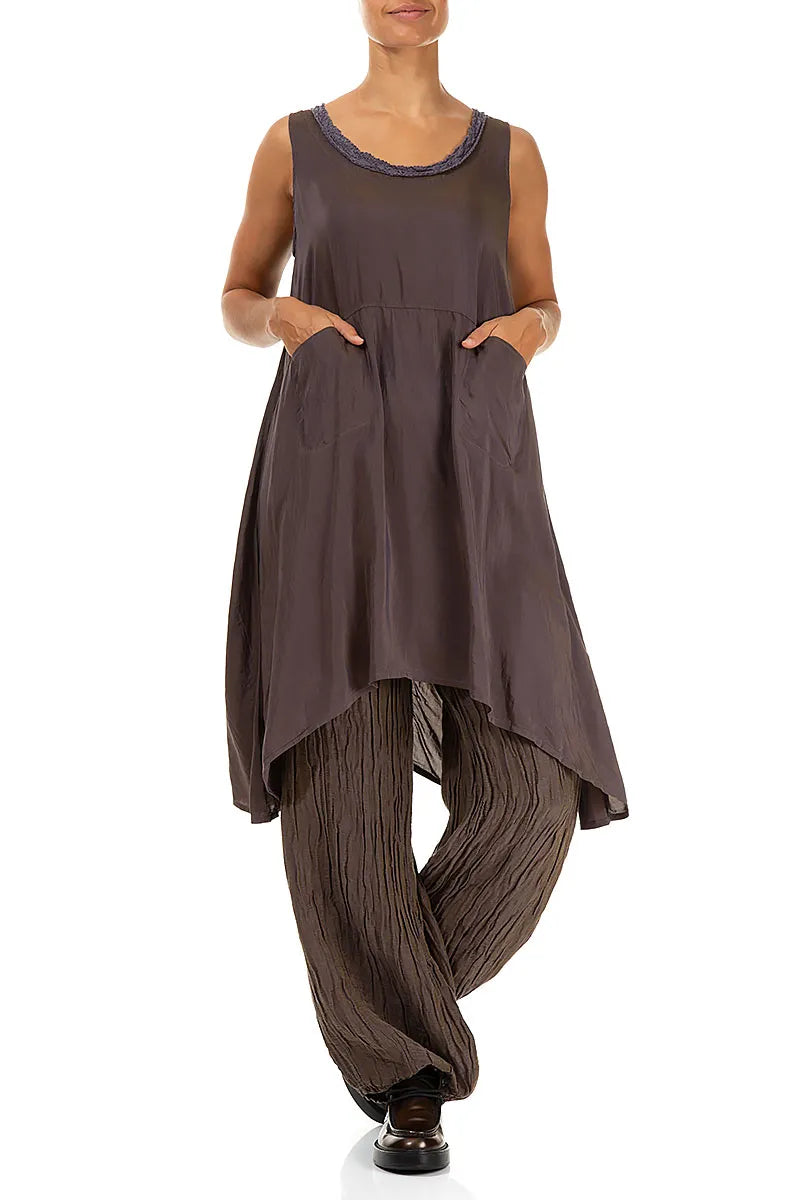 Flared Sleeveless Chocolate Brown Silk Bamboo Tunic 4