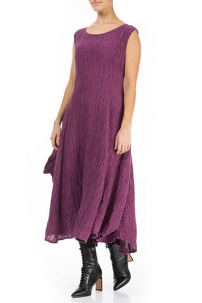 Flared Sleeveless Crinkled Magenta Silk Dress