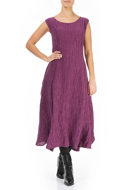 Flared Sleeveless Crinkled Magenta Silk Dress