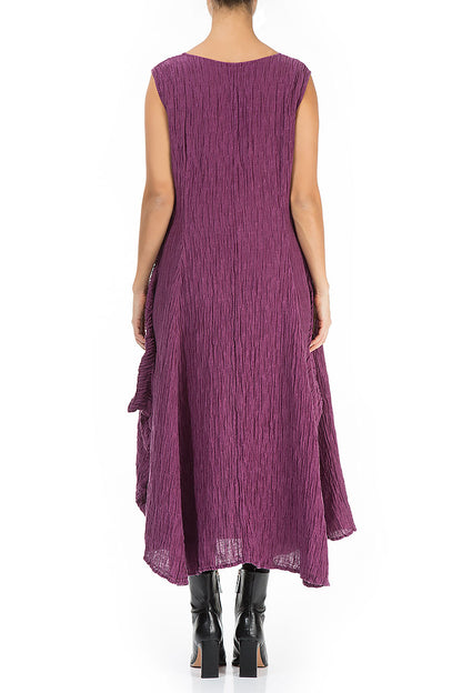 Flared Sleeveless Crinkled Magenta Silk Dress