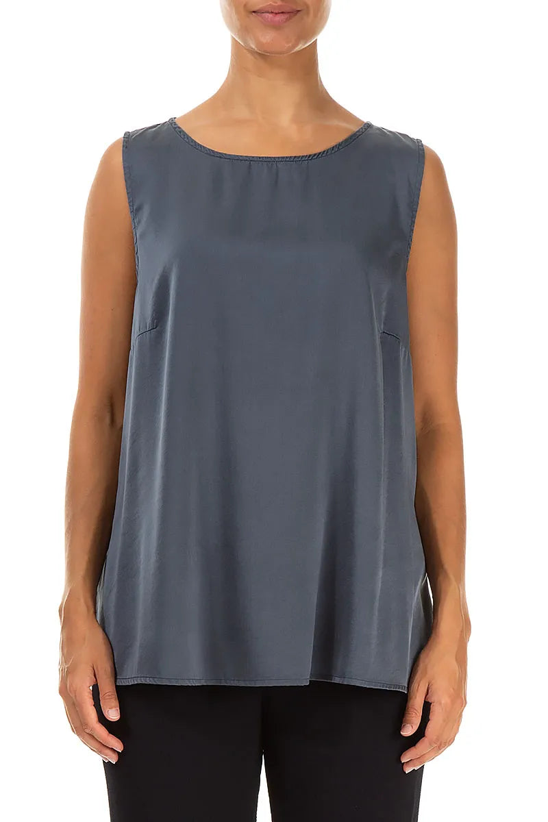 Flared Sleeveless Slate Blue Silk Top 1